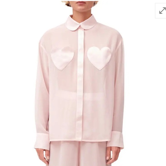Sleeper Tops - SLEEPER Montmartre Oversize Sheer
Button-Up Heart Pocket  Shirt Pink Sz: M